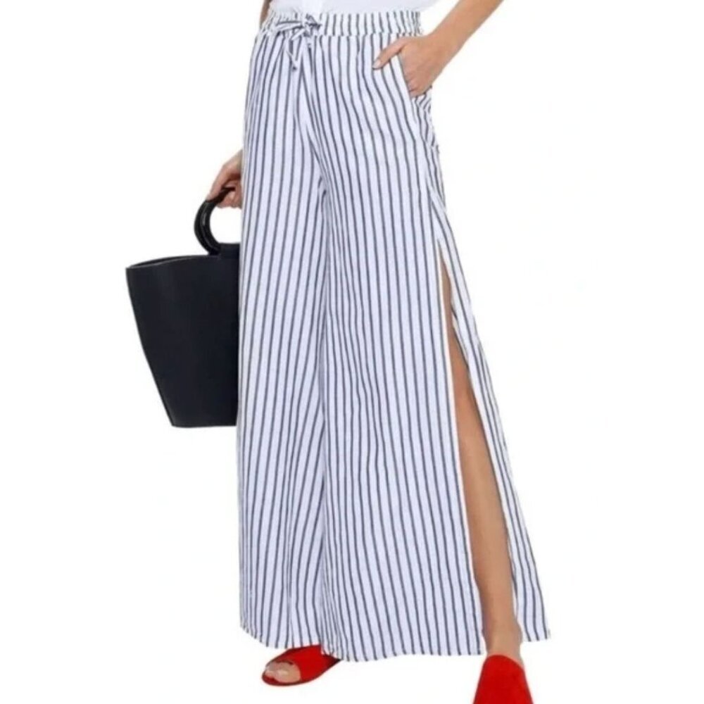 Onia Chloe Blue Stripped Wide Leg Split Leg Casual Pants-sz Small
